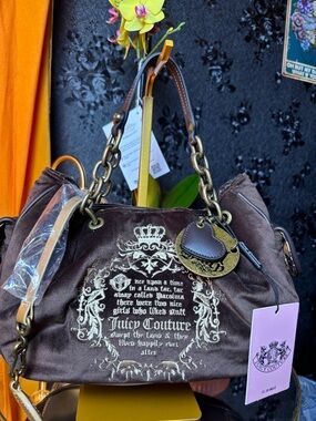 Juicy Couture Brown Velvet Shoulder Bag with Crest Charm